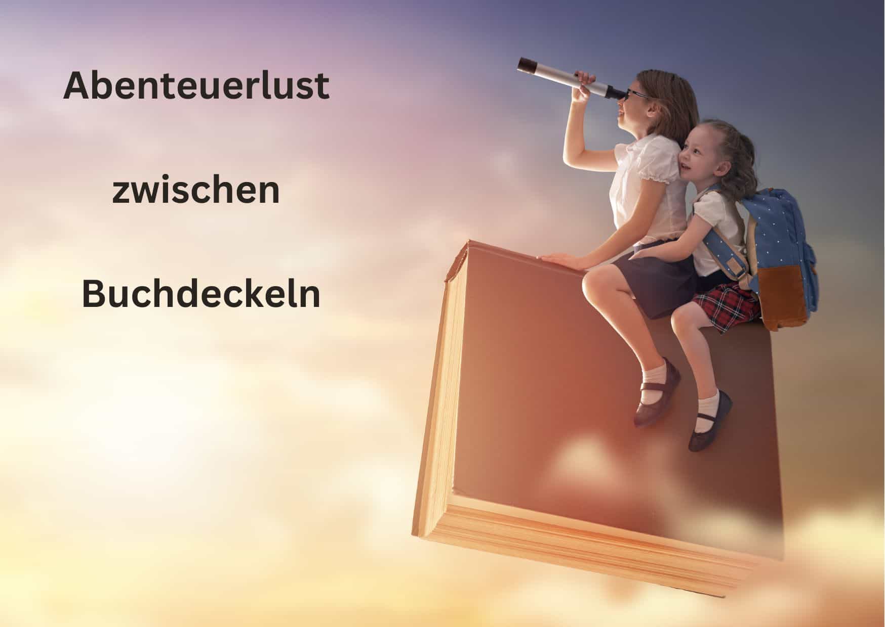 2 Kinder sitzen auf einem Buch. Ein Mädchen hält ein Fernglas in der Hand.