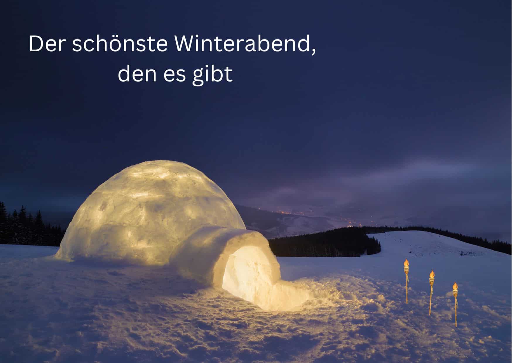 Es ist Nacht. Ein Iglu leuchtet hell. Es liegt viel Schnee auf der Wiese.