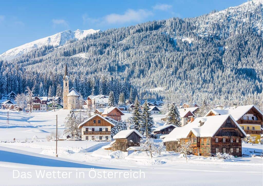 Ein österreichisches Dorf im Winter.