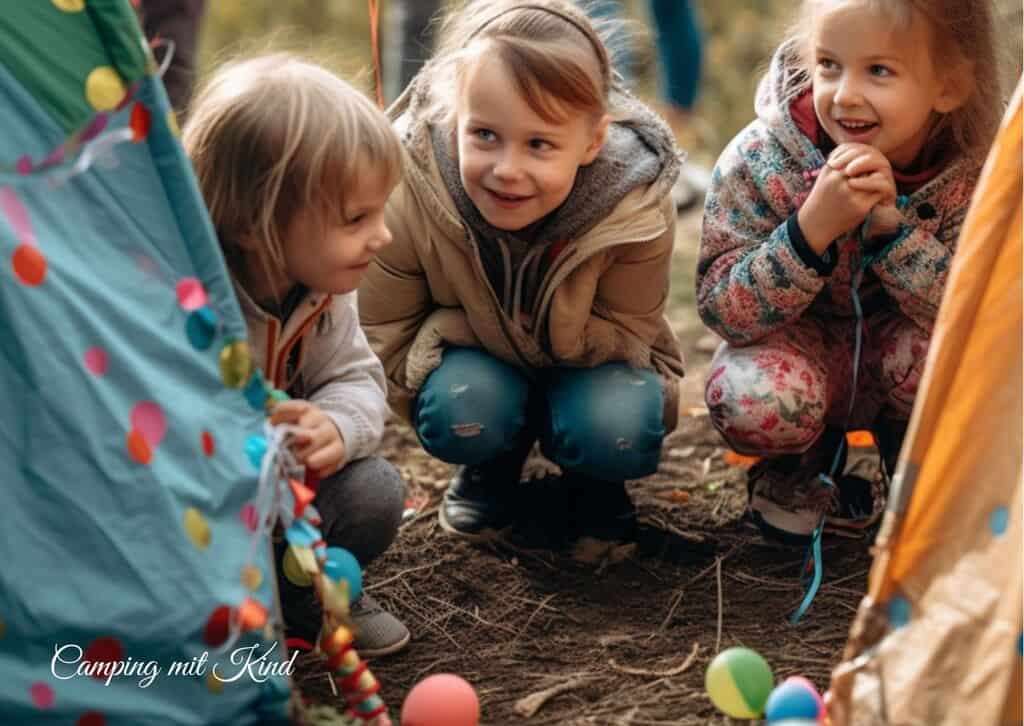 3 Mädchen sitzen zwischen zwei Zelten