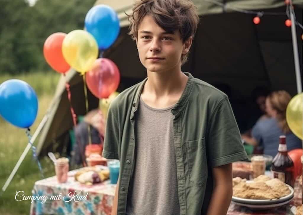 Ein Junge steht vor einem Zelt mit Luftballons