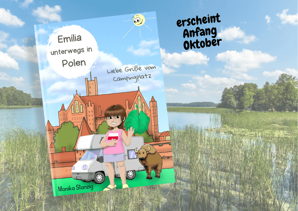 Das Buch Emilia unterwegs in Polen befindet sich vor einem polnischen See.