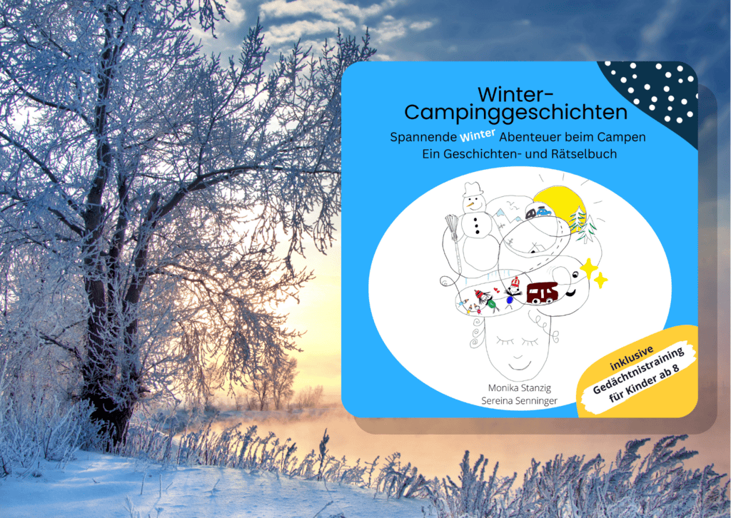 Vor einer Winterlandschaft befindet sich das Buch Winter-Campinggeschichten