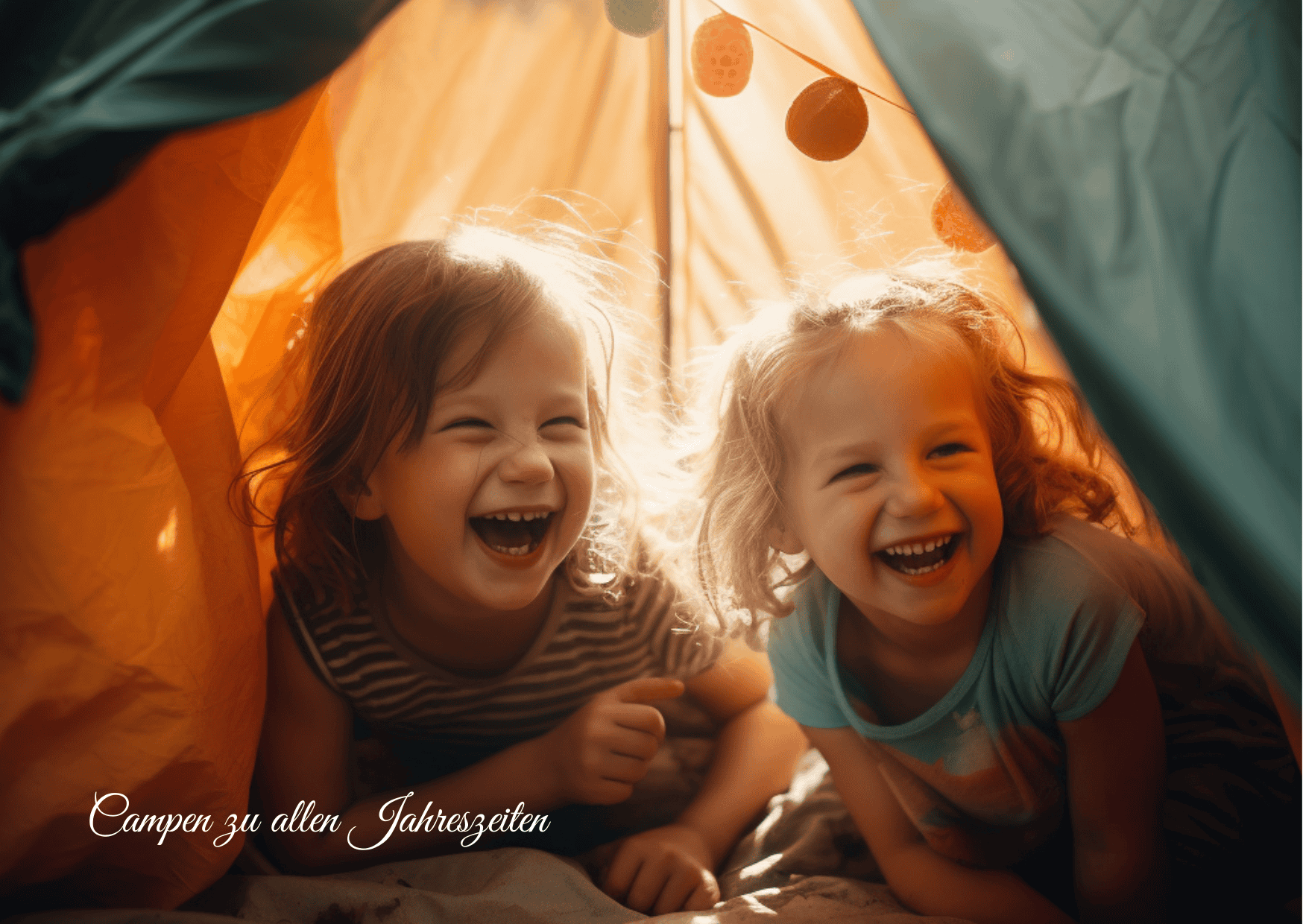 Zwei Kinder liegen lachend im Zelt.