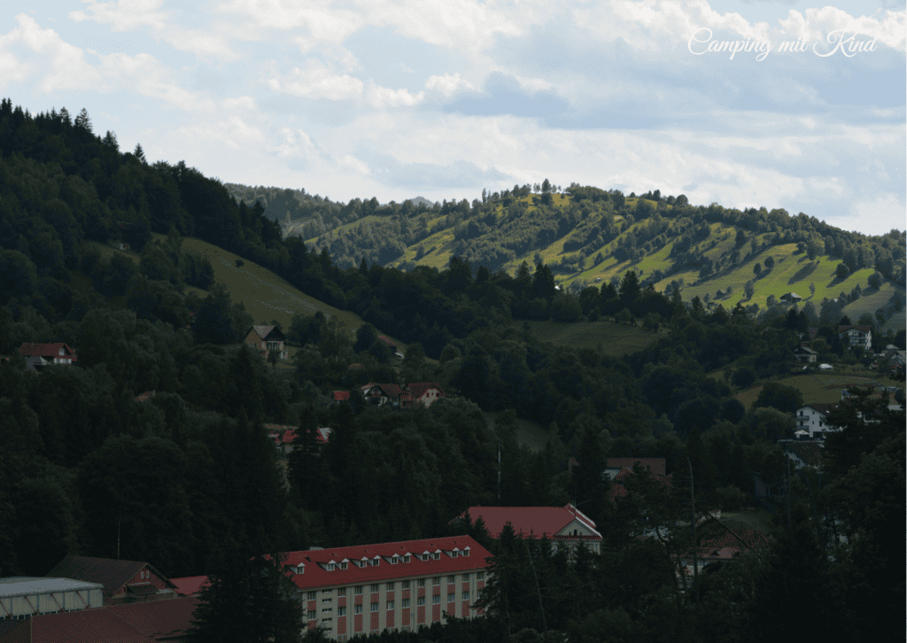 Im Vordergrund stehen Häuser. Dahinter sind dichte grüne Wälder.