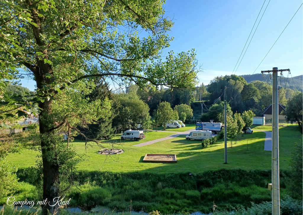 Auf einer Wiese stehen einige Wohnmobile.