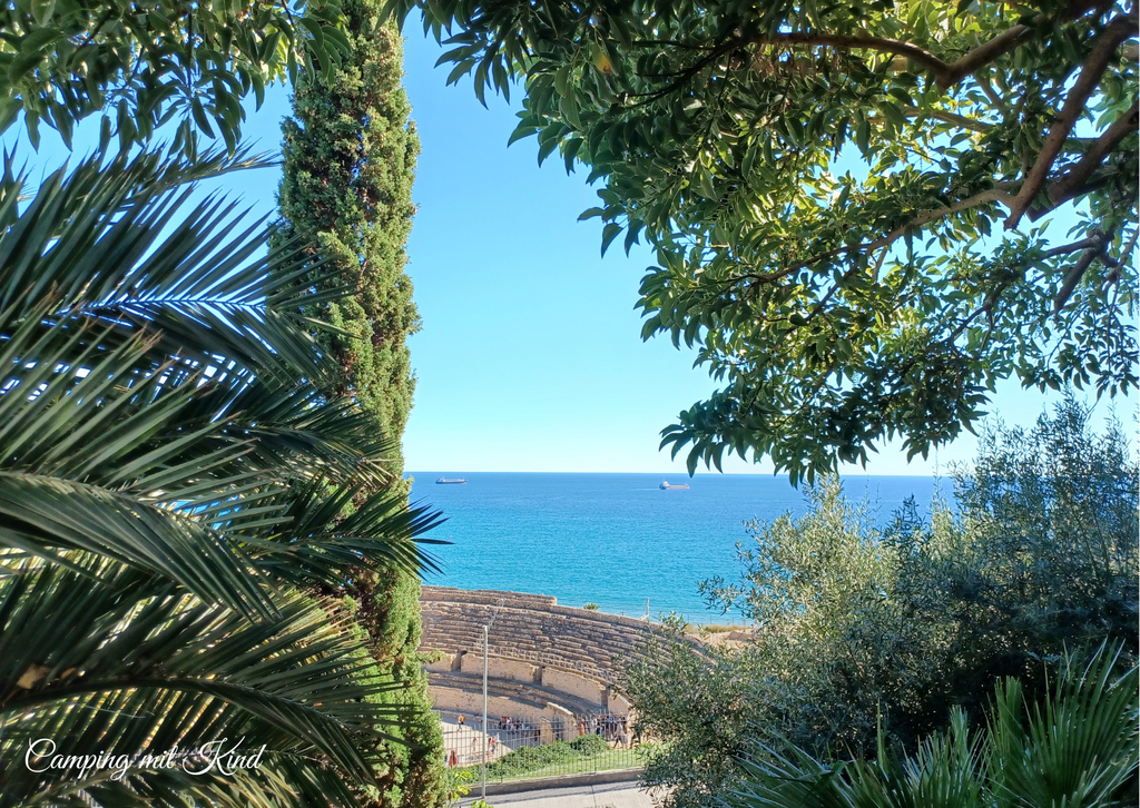 Links und rechts befinden sich Palmen, dahinter die Überreste eines Amphitheaters und dahinter das blaue Meer.