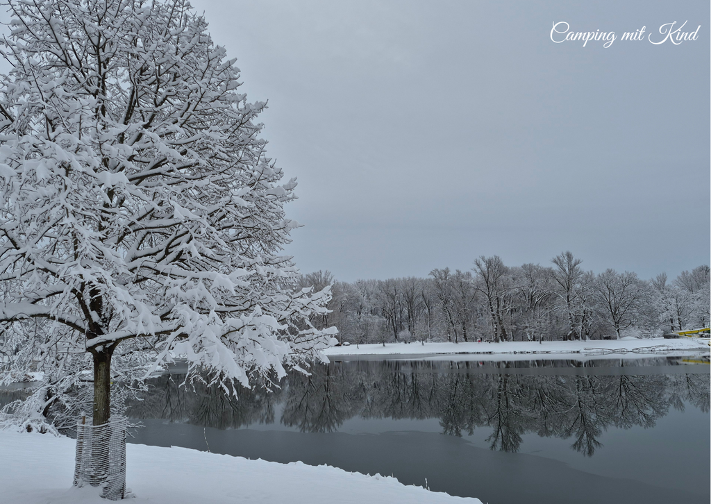 Eine Winterlandschaft: verschneite Bäume spiegeln sich im See